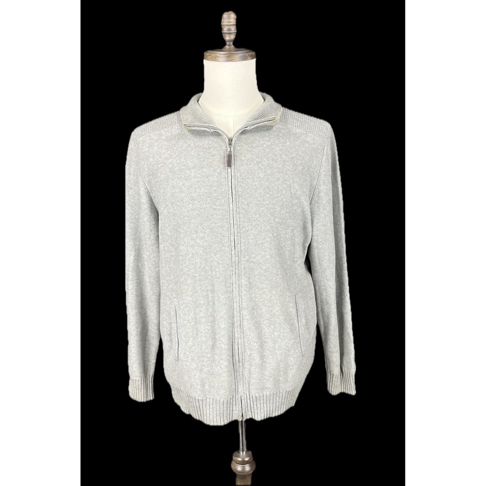 Tasso Elba Mens Grey Full Zip 100% Cotton Mock Neck Knit Pockets Sweater Sz L